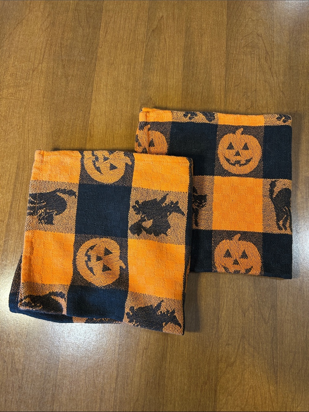 Halloween Pumpkin & Witch Checkered Fabric Napkins- Orange/Black